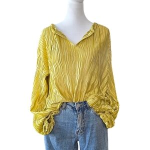 Glam Satin Yellow Plisse Long Sleeve Blouse Size S